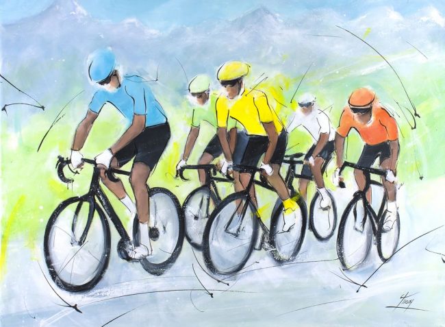 art peinture sport cyclisme tour de france : Echappée du groupe maillot jaune dans les Alpes - Tour de France de cyclisme