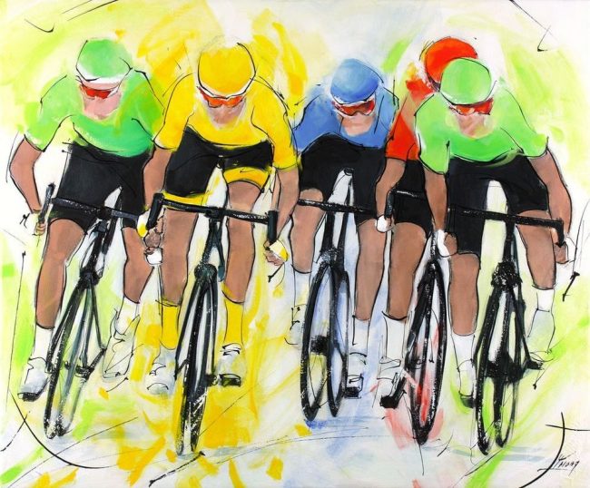 Tour de France : peinture sur toile de coureurs lors du sprint final d'une étape du tour de France avec le maillot jaune luttant pour la victoire