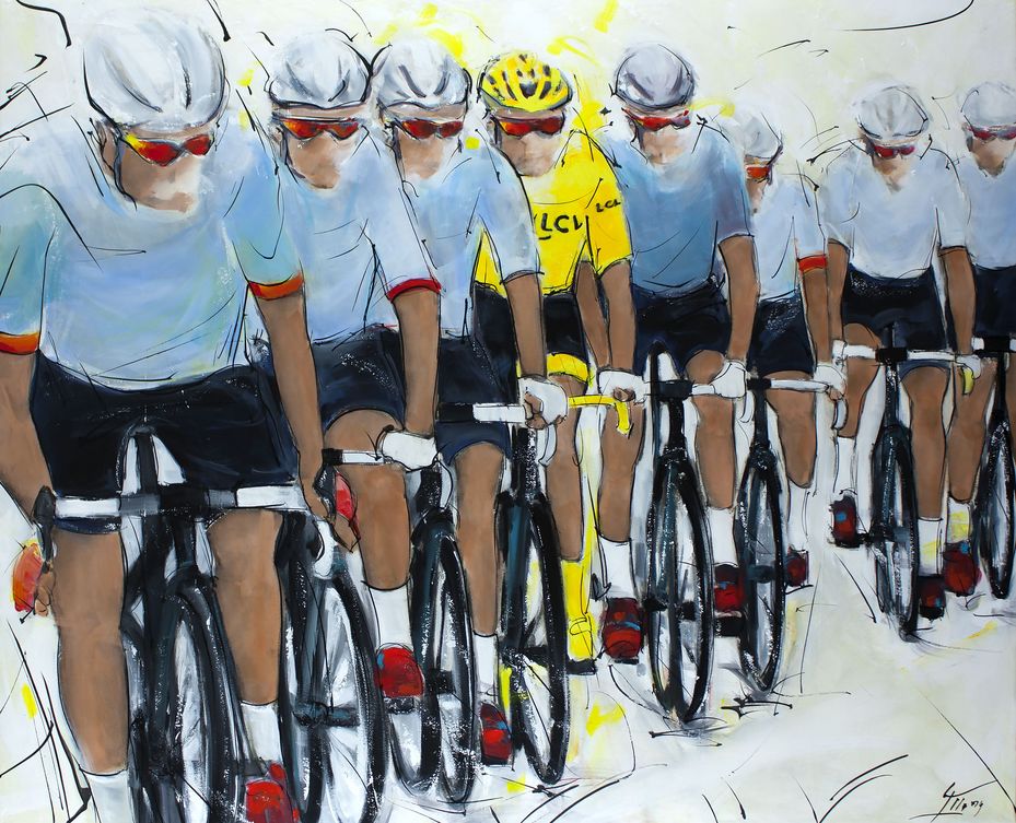 Sport cyclisme Tour de France : peinture sur toile du maillot jaune et de son équipe à l'avant du peloton