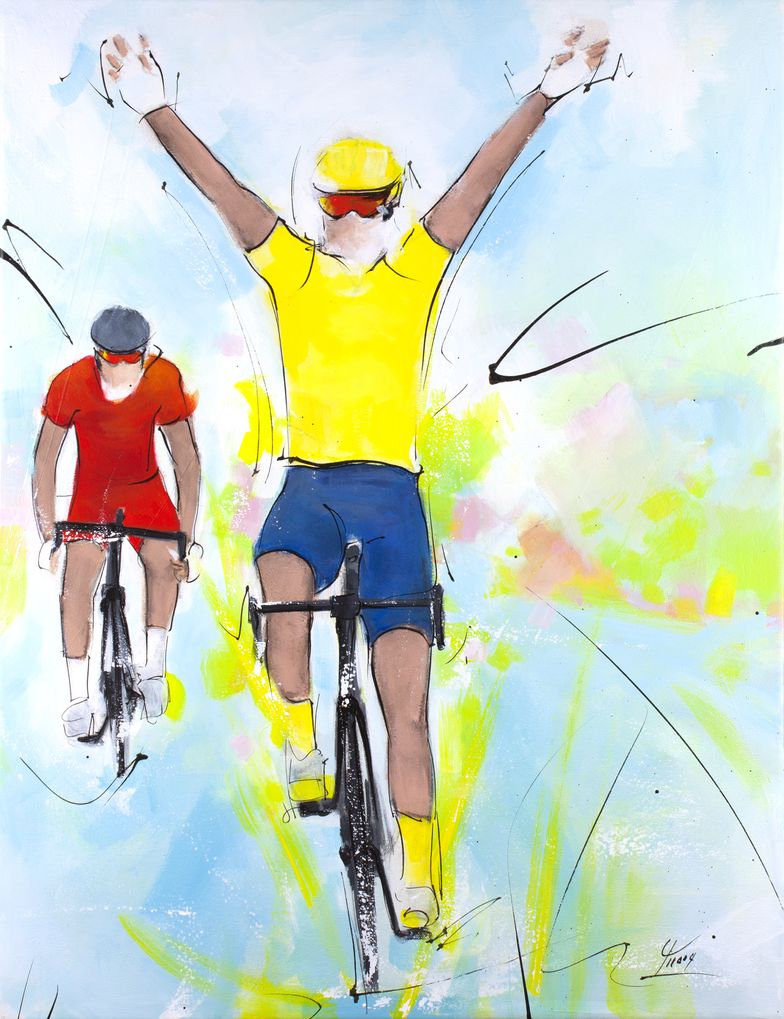 art peinture sport cyclisme tour de france : Victoire d'étape pour le maillot jaune