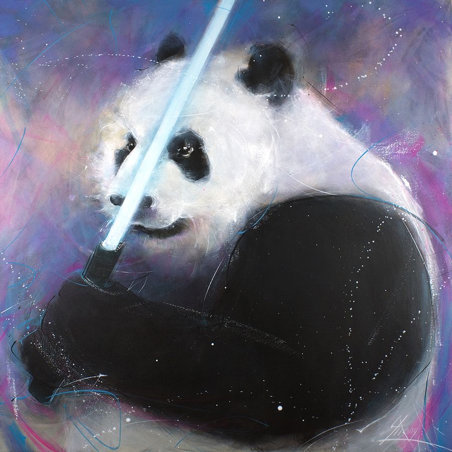 Peinture panda POPART Starwars : oeuvre d'art animalière inspirée de la saga starwars - le pandawan - par Lucie LLONG, artiste peintre du mouvement