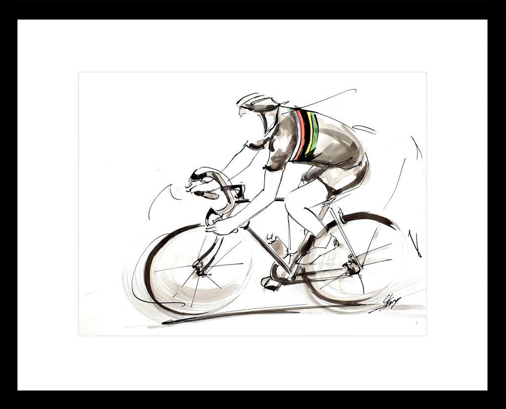 art peinture sport cyclisme : peinture à l'encre de Joop Zoetemelk, champion de monde de cyclisme, vainqueur du tour de France et champion Olympique