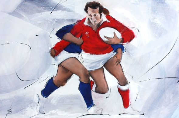 Art sport painting rugby: rugby match between Gareth Edwards' Wales against Scotland at Murrayfield during the 5 Nations tournament.