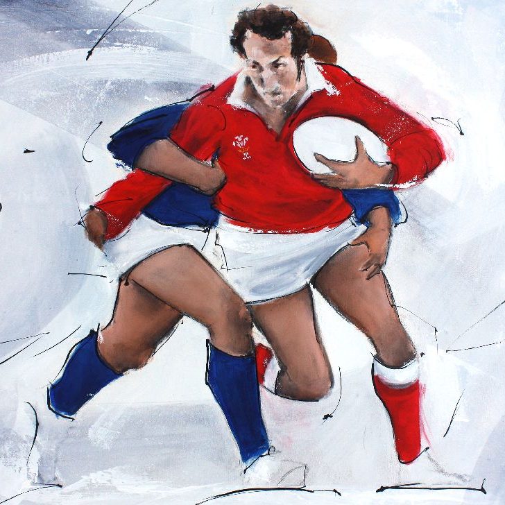 Art sport peinture rugby : match de rugby entre le pays de Galles de Gareth Edwards contre l'écosse à Murrayfield lors du tournoi des 6 nations