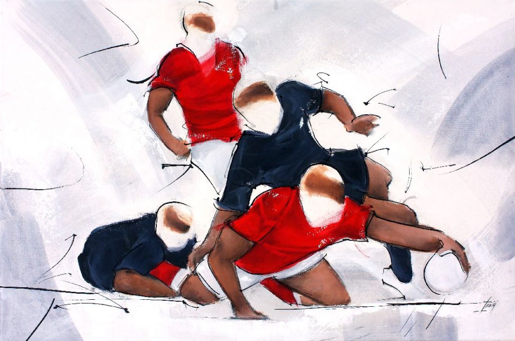 Art Sport Rugby : Peinture d'un match de rugby entre les all blacks de Nouvelle Zélande et le Pays de Galles
