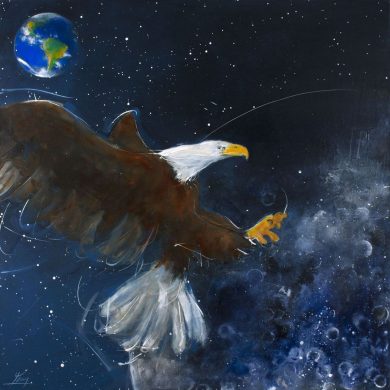 peinture pop art animalier : Eagle on the moon (l'aigle sur la Lune)-l'histoire de la conquête spatiale à l'occasion du 50ème anniversaire du premier homme sur la Lune