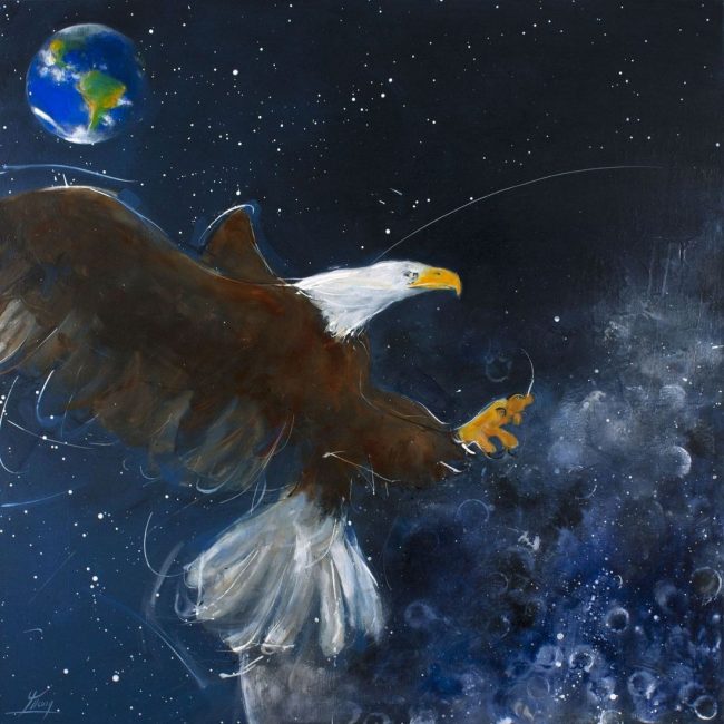 Eagle on the moon painting : pop art inspiration - 50th anniversary of the first step on the moon by Neil Armstrong et Buzz Aldrin - a Lucie LLONG artwork