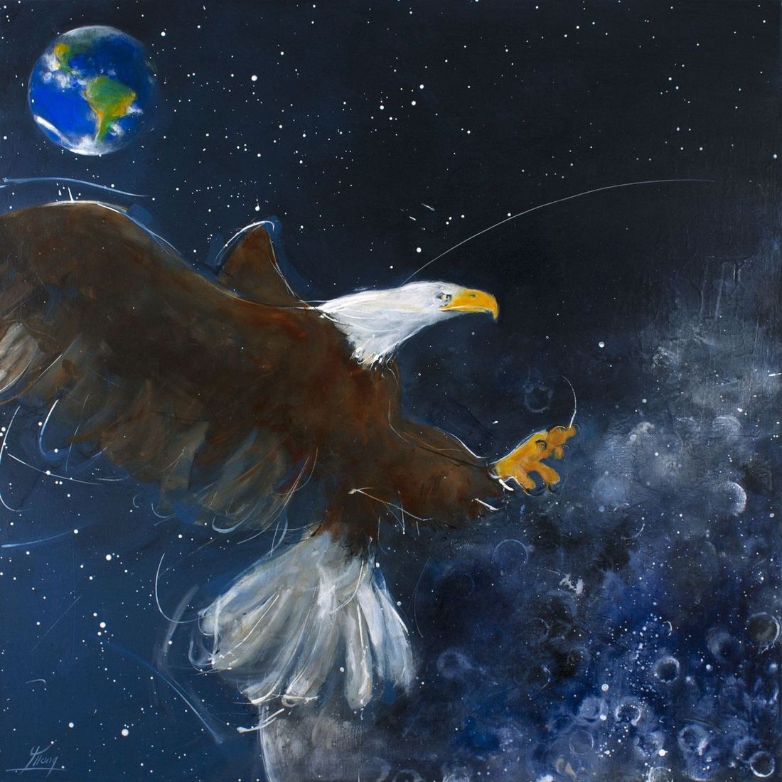 peinture pop art animalier : Eagle on the moon (l'aigle sur la Lune)-l'histoire de la conquête spatiale à l'occasion du 50ème anniversaire du premier homme sur la Lune
