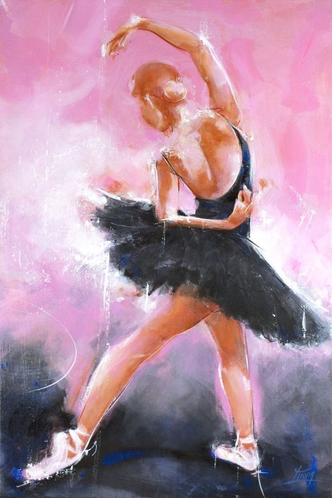 Art - Peinture danse de ballet : la magie envoutante du lac des cygnes de Tchaïkovski représenté par Odile - le cygne noir par Lucie LLONG, artiste peintre du mouvement