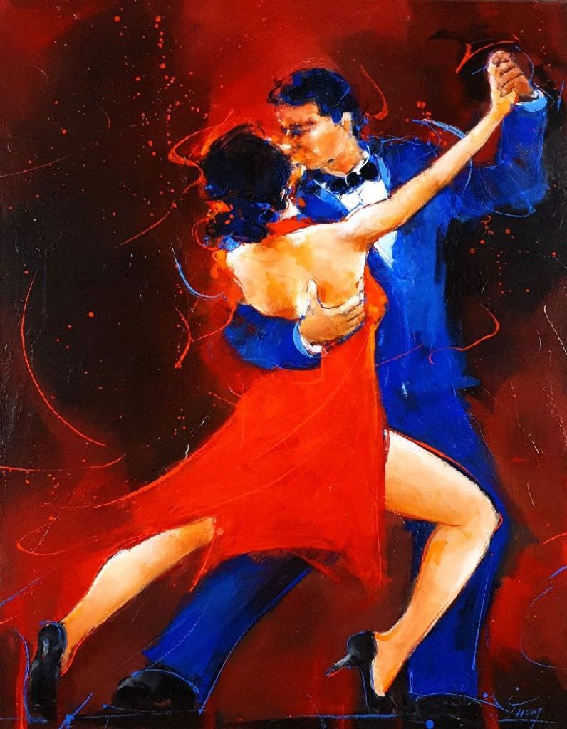 art peinture danse tango : tableau d'un couple de tango par Lucie LLONG, artsite peintre du mouvement