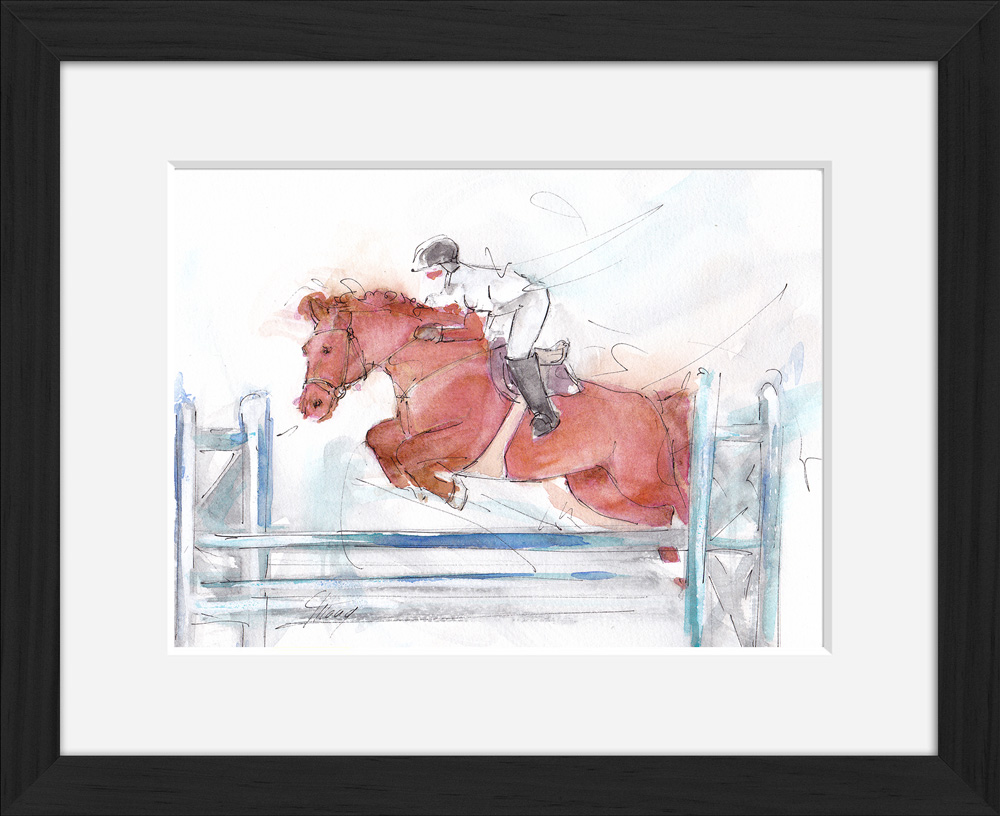 Équitation : peinture à l'aquarelle encadrée d'un concours de CSO