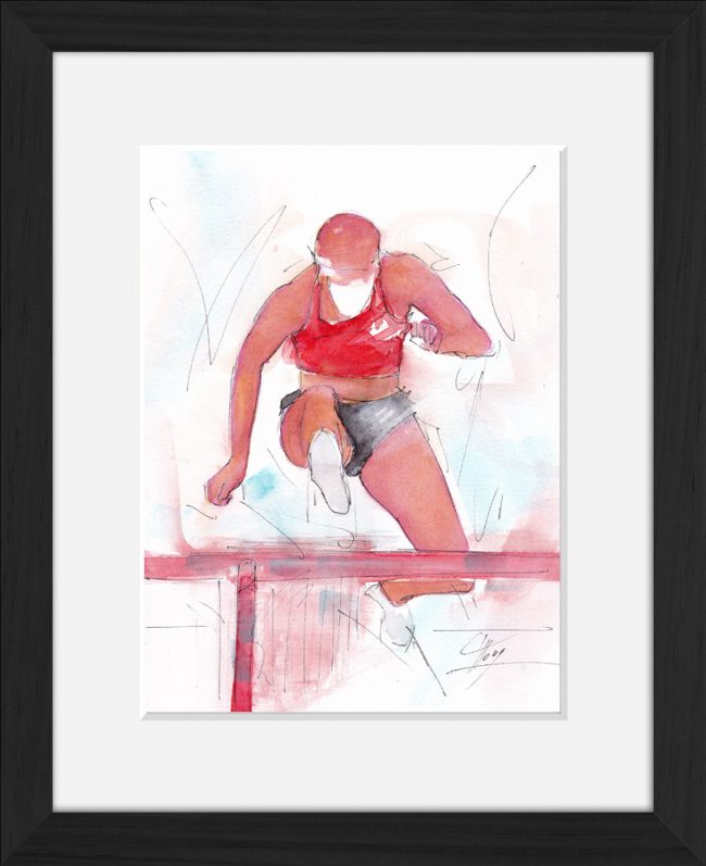 Athlétisme : Peinture à l'aquarelle d'une course de saut de haies
