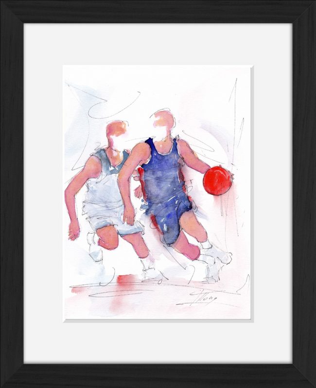 Basket ball : peinture à l'aquarelle encadrée de la victoire de la France face aux USA en 2019
