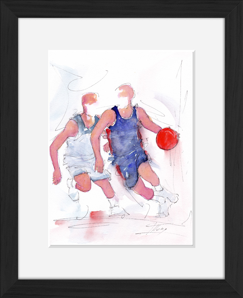 Basketball: framed watercolour painting of France's victory over the USA in 2019