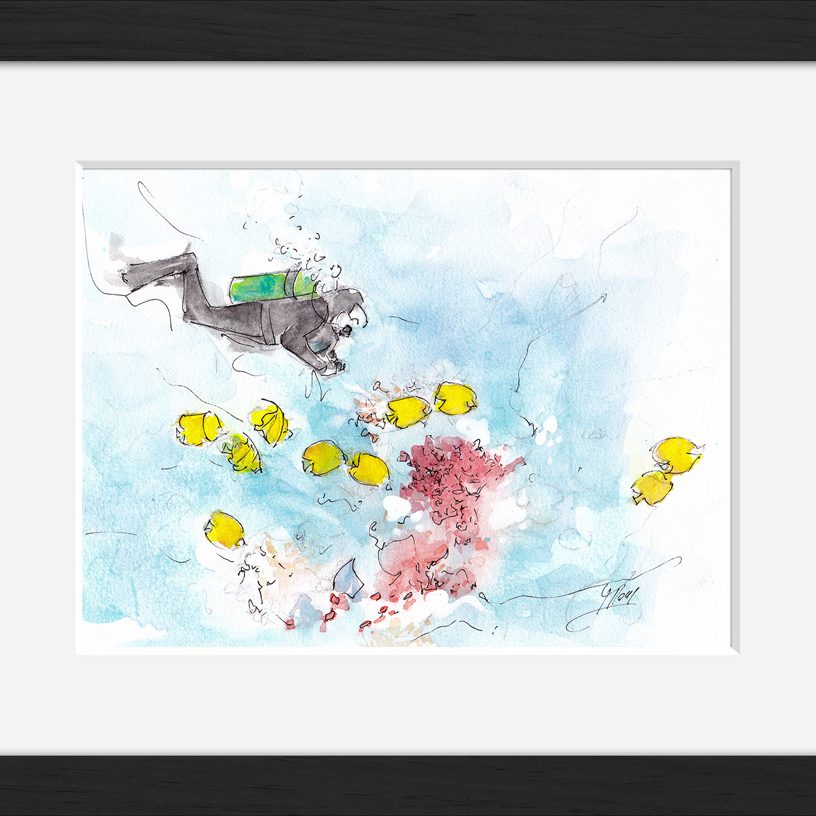 Plongée : peinture à l'aquarelle encadrée d'une plongée sur les récifs coralliens