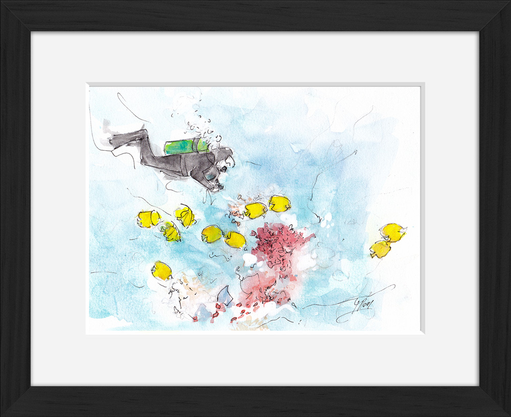 Scuba diving : framed watercolor painting - diver on coral reef