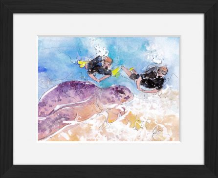 Plongée : peinture à l'aquarelle encadrée d'une plongée sur une récif corallien à la découverte de la flore et de la faune marine