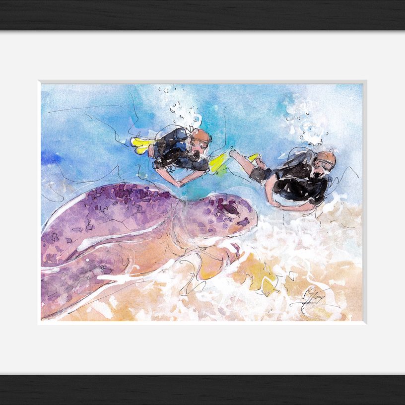 Plongée : peinture à l'aquarelle encadrée d'une plongée sur une récif corallien à la découverte de la flore et de la faune marine