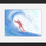 Surf : peinture à l'aquarelle d'un surfeur ridant une vague de l'océan atlantique
