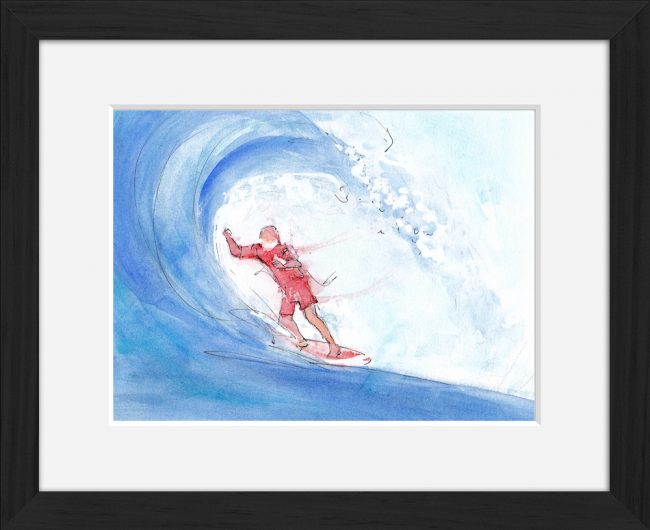Surf : peinture à l'aquarelle d'un surfeur ridant une vague de l'océan atlantique