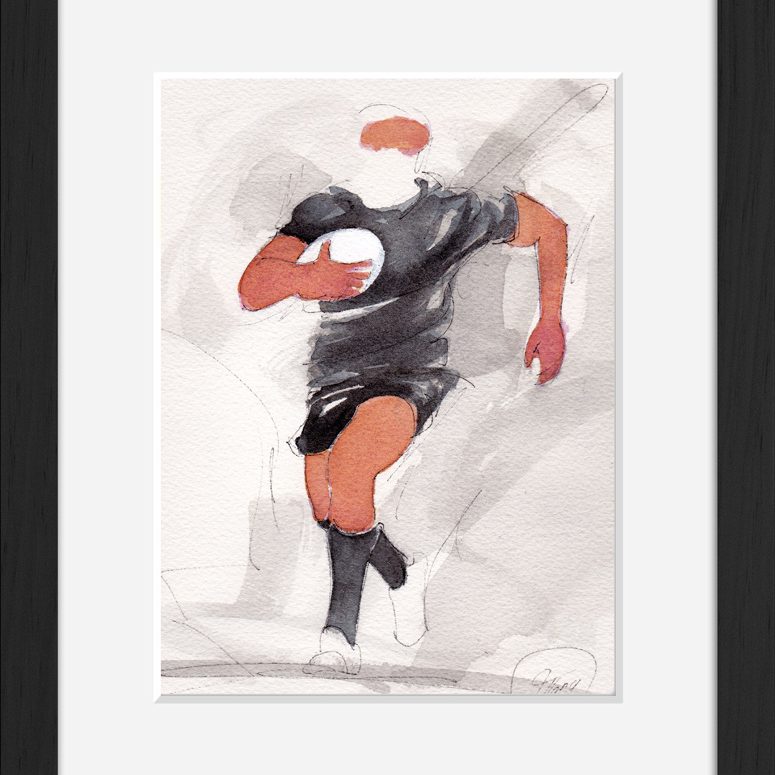 Watercolour painting of the All Blacks - sport - framed watercolour of a rugby match