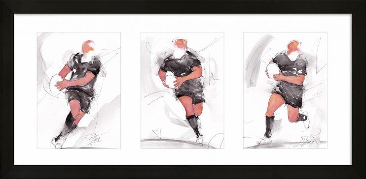 Rugby ; peinture à l'aquarelle encadrée des all blacks- triptyque