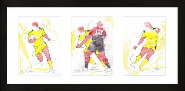 Rugby ; peinture à l'aquarelle encadrée de l'ASM et du stade toulousain- triptyque