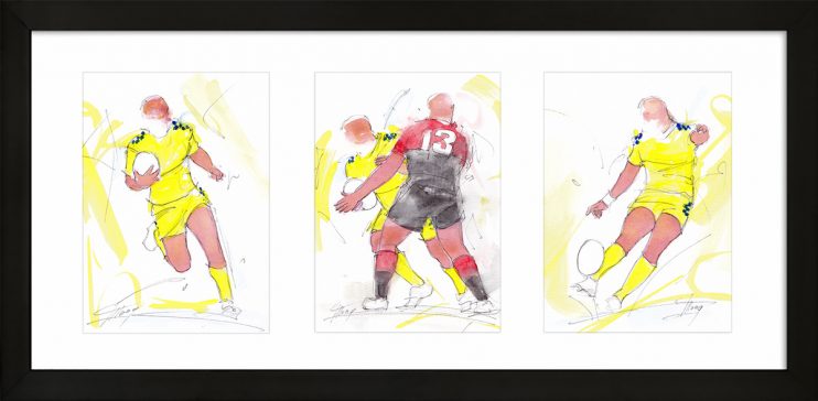 Rugby ; peinture à l'aquarelle encadrée de l'ASM et du stade toulousain- triptyque