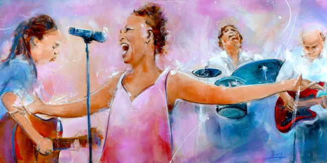 La chanteuse Lisa Simone et son groupe de musiciens en peinture par Lucie LLONG, artiste peintre du mouvement