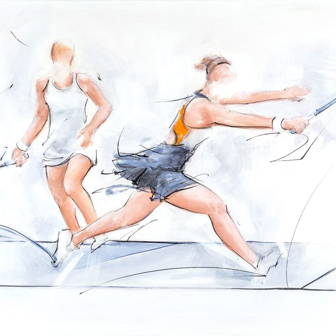 art sport de raquette squash : peinture d'un match de squash par Lucie LLONG, artiste peintre du mouvement