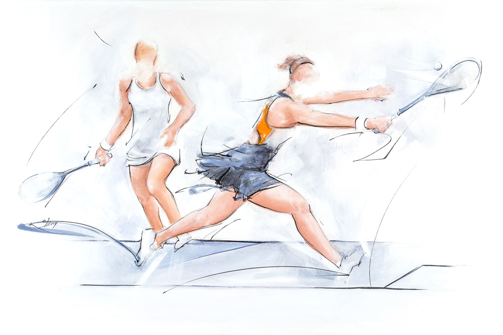 art sport de raquette squash : peinture d'un match de squash par Lucie LLONG, artiste peintre du mouvement