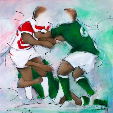 Rugby world cup 2019 : rugby match in painting between japan and ireland by Lucie LLONG, artist of movement and sport
