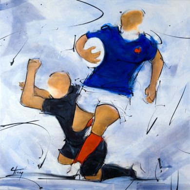 Art | peinture sur toile de rugby | un joueur du XV de France face aux All Blacks de Nouvelle Zélande par Lucie LLONG, artiste du mouvement et du sport