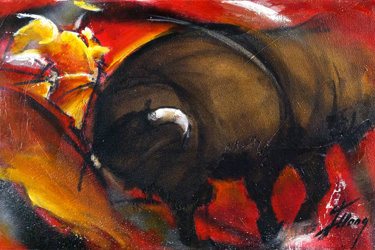 Art : peinture sur toile | tauromachie | Corrida | Torero en habit de lumière face au taureau dans les arènes - Lucie LLONG