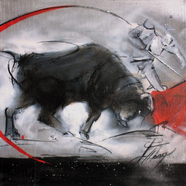 Art : peinture sur toile | tauromachie | Corrida | Torero et taureau dans les arènes - Lucie LLONG
