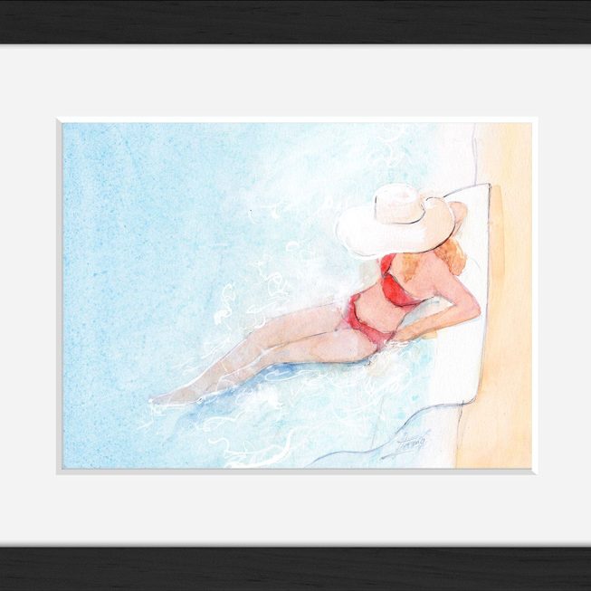 Aquarelle scène de vie | Peinture detente | sur le bord de la piscine