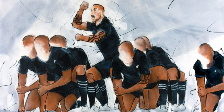 Rugby painting: all black players during the Haka - Kapa O Pango - Lucie LLONG, artist of movement and sport -