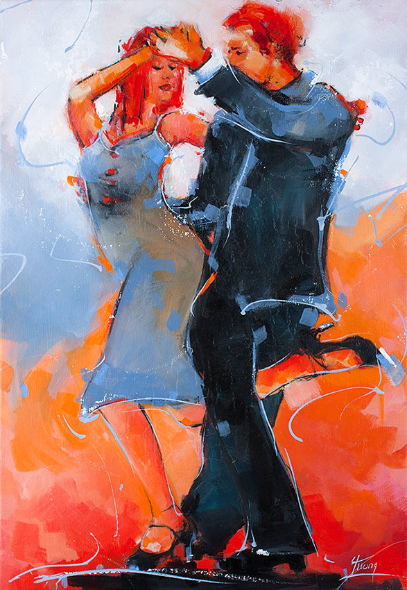 Peinture danse de salon : un couple de danseur de tango - Art - par Lucie LLONG, artiste peintre du mouvement