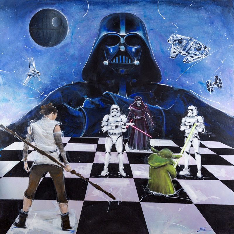 Peinture Starwars : l'histoire de la saga Starwars en peinture - le côté obscur de Dark Vador face au jedi Yoda et Ray - Série POP ART - l'ascension de Skywalker