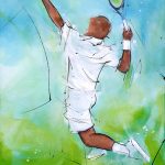 Tennis : peinture de sport - joueur de tennis au service lors du tournoi de Roland Garros