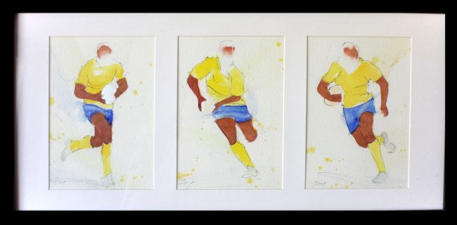 Rugby ; peinture à l'aquarelle encadrée de l'ASM - triptyque - Stade Marcel Michelin -Clermont Ferrand