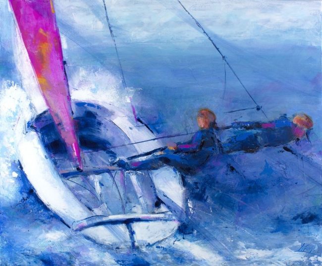 art painting sport sailing: dinghy competition on a regatta sailboat