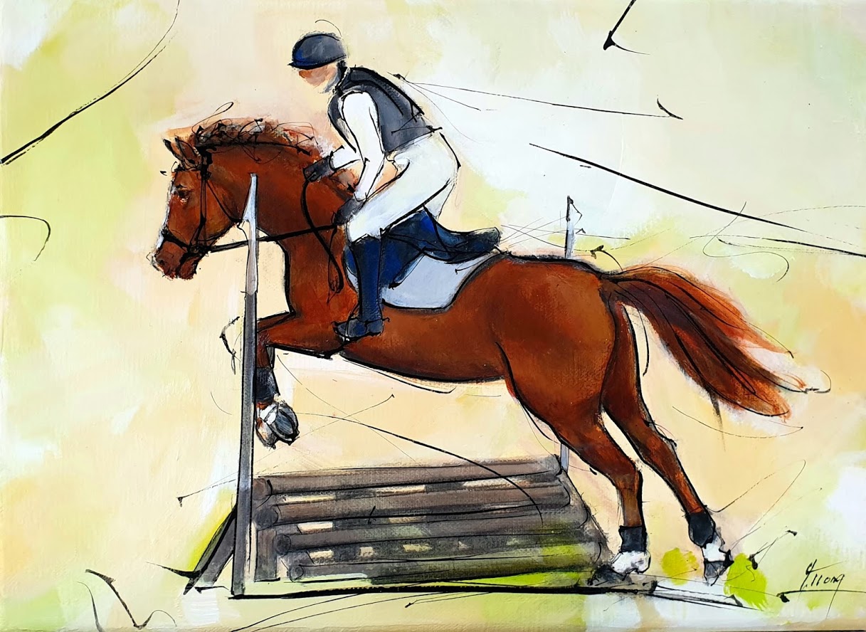 Tableau d'équitation | peinture d'un cheval de sport | Cavalier à cheval | Cross