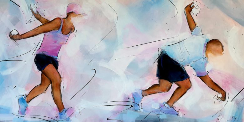 Peinture & tableau de sport | Boules lyonnaises & pétanque | l'équipe en action | Œuvre d'art par Lucie LLONG, Artiste peintre