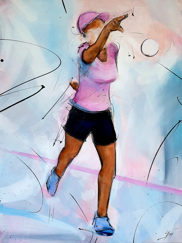 Peinture & tableau de sport | Boules lyonnaises & pétanque | joueuse en action | Œuvre d'art par Lucie LLONG, Artiste peintre du mouvement