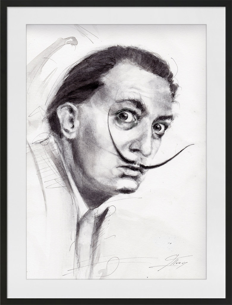 Peinture à l'aquarelle et encre de Dali | Lucie LLONG | artiste peintre du mouvement | série portrait | personnalité en peinture