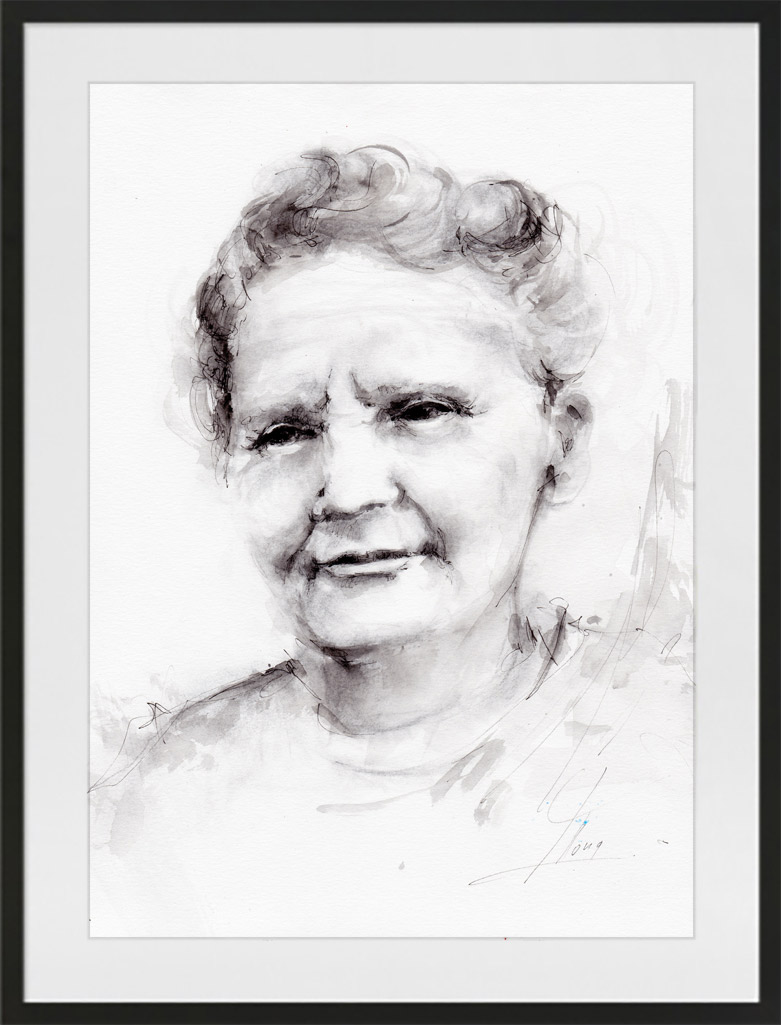 Peinture à l'aquarelle et encre de Marie Curie | Lucie LLONG | artiste peintre du mouvement | série portrait | personnalité en peinture