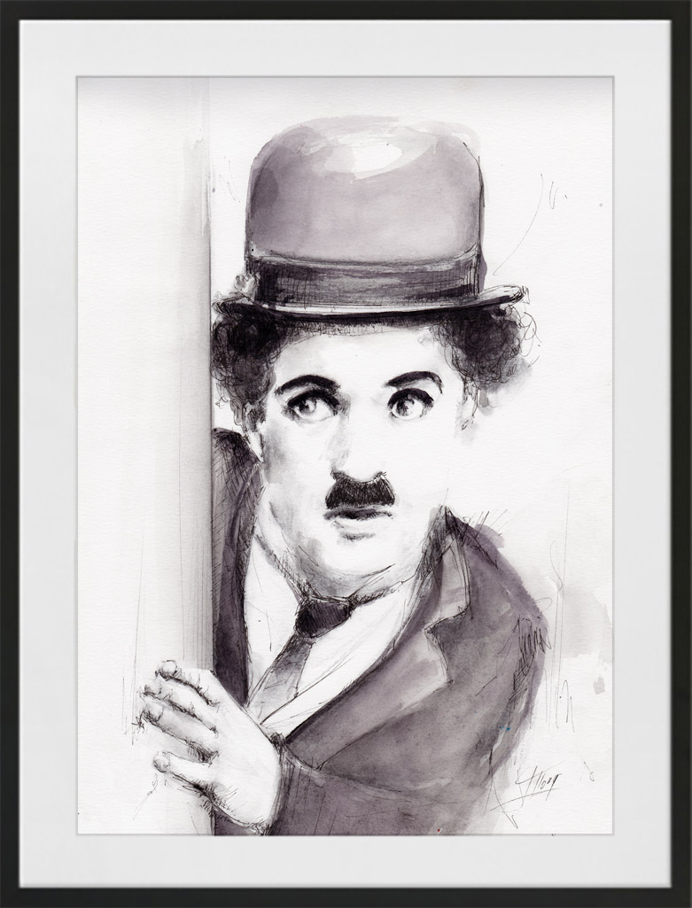 Peinture à l'aquarelle et encre de Charlie Chaplin dit le Charlot | Lucie LLONG | artiste peintre du mouvement | série portrait | personnalité en peinture