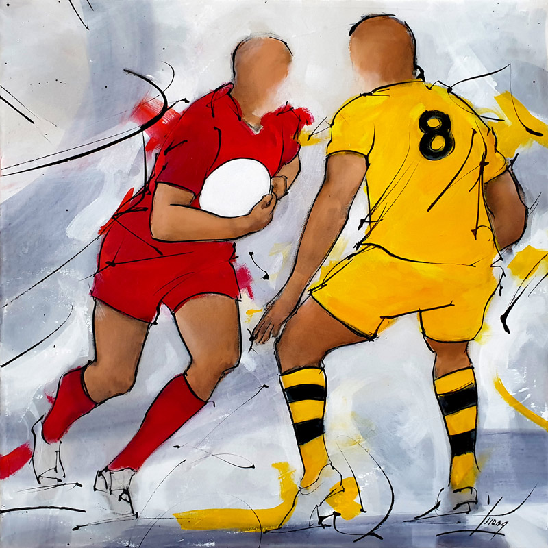 Tableau de rugby - Finale de la Champions cup 2021 - Stade rochelais vs Stade toulousain à Twickenham - Peinture de sport par Lucie LLONG, artiste peintre du mouvement