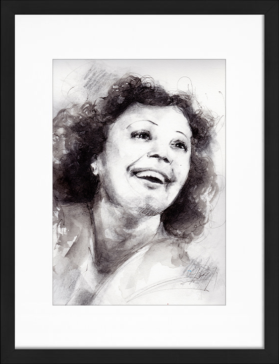 Painting in watercolour and ink | Edith Piaf | Lucie LLONG | Artist of movement | portrait series | song star in painting